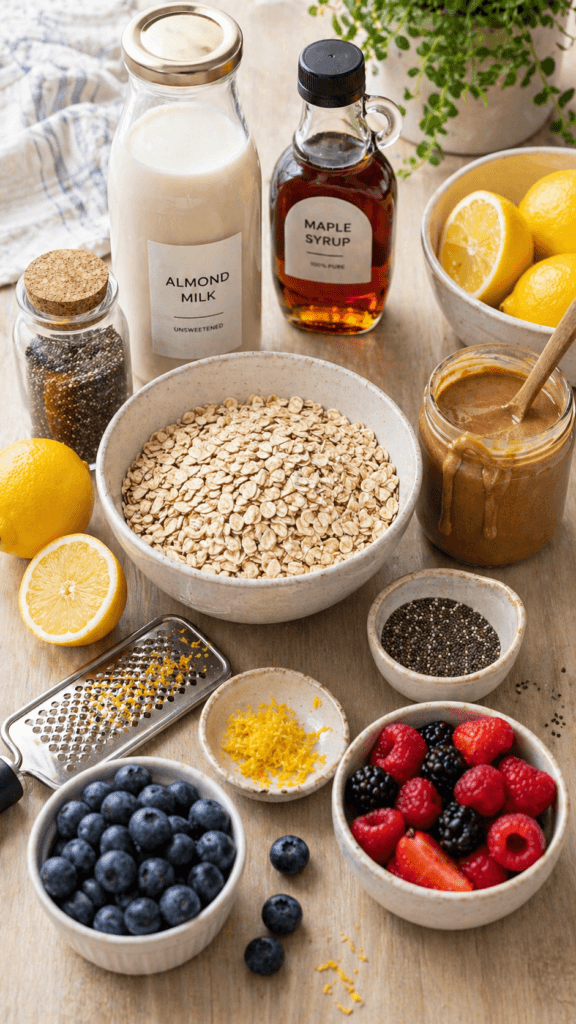 Ingredients needed to make Lemon Blueberry Overnight Oats --Everything mixes up in minutes. Save this idea so you can come back to it later.