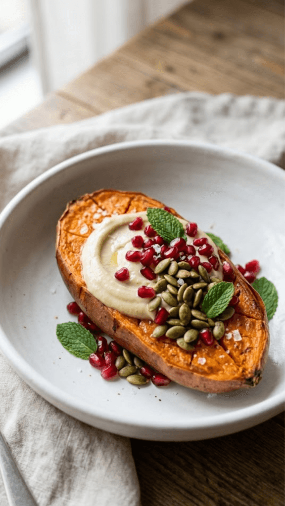 Vibrant Vegan Breakfast: Roasted sweet potato with creamy hummus, crunchy seeds & mint—energizing, gluten-free start. Save this idea so you can come back to it later.