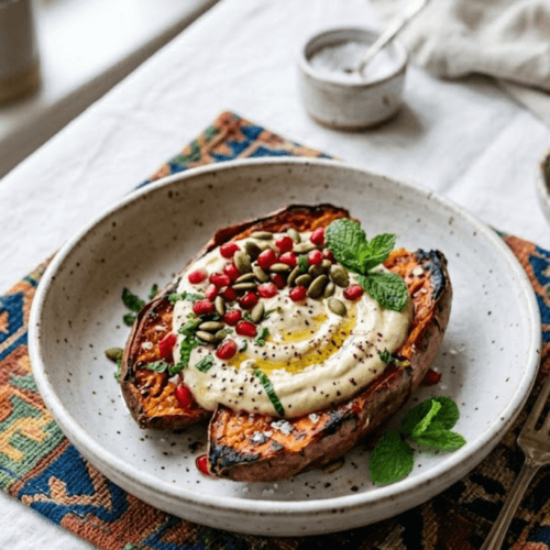 Cozy Vegan Sweet Potato Breakfast: Crispy, colorful, nutrient-packed sweet potatoes with pomegranate and mint—great for energy. Save this idea so you can come back to it later.