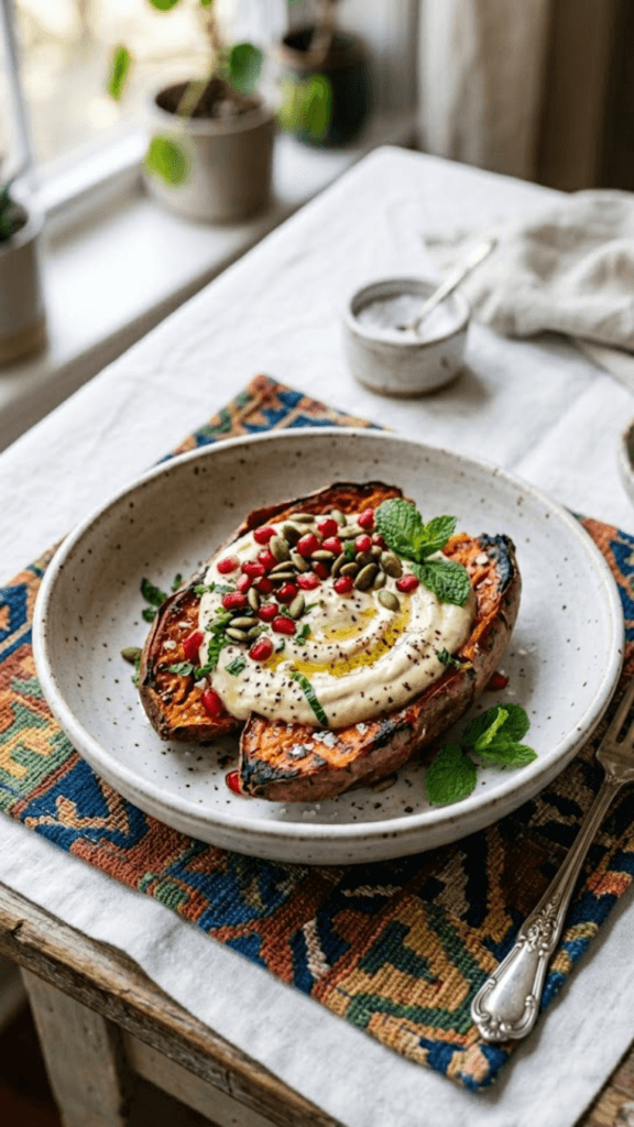 Cozy Vegan Sweet Potato Breakfast: Crispy, colorful, nutrient-packed sweet potatoes with pomegranate and mint—great for energy. Save this idea so you can come back to it later.