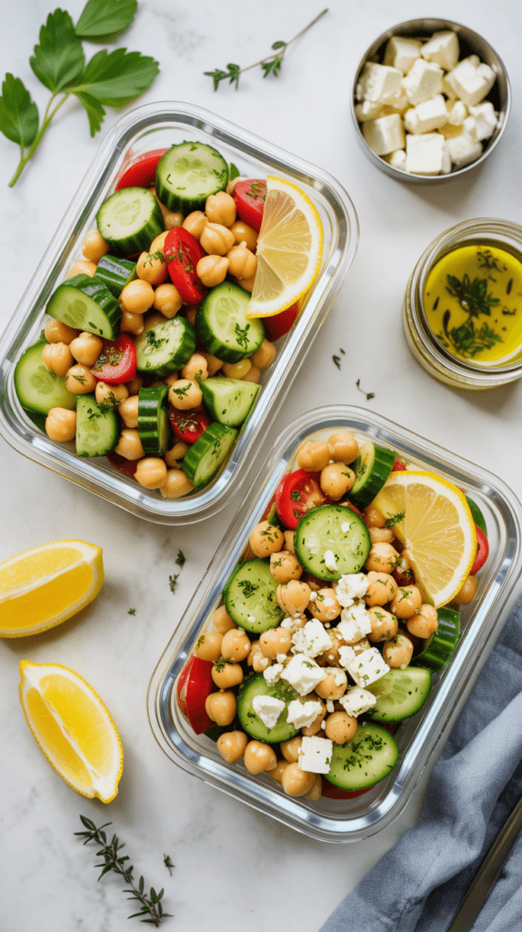 Chilled Summer Chickpea Salad: Vibrant bowls loaded with crisp cucumbers, zesty lemon, and herbed feta—fresh and light for healthy lunches. Save this idea so you can come back to it later.