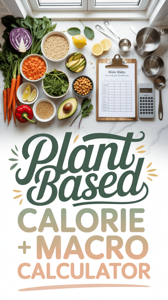 Macro Meal Prep Magic: Vibrant veggies, grains & tools frame a detailed macro chart—ideal for mastering plant-based nutrition. Save this Daily Calorie Calculator so you can come back to it later.