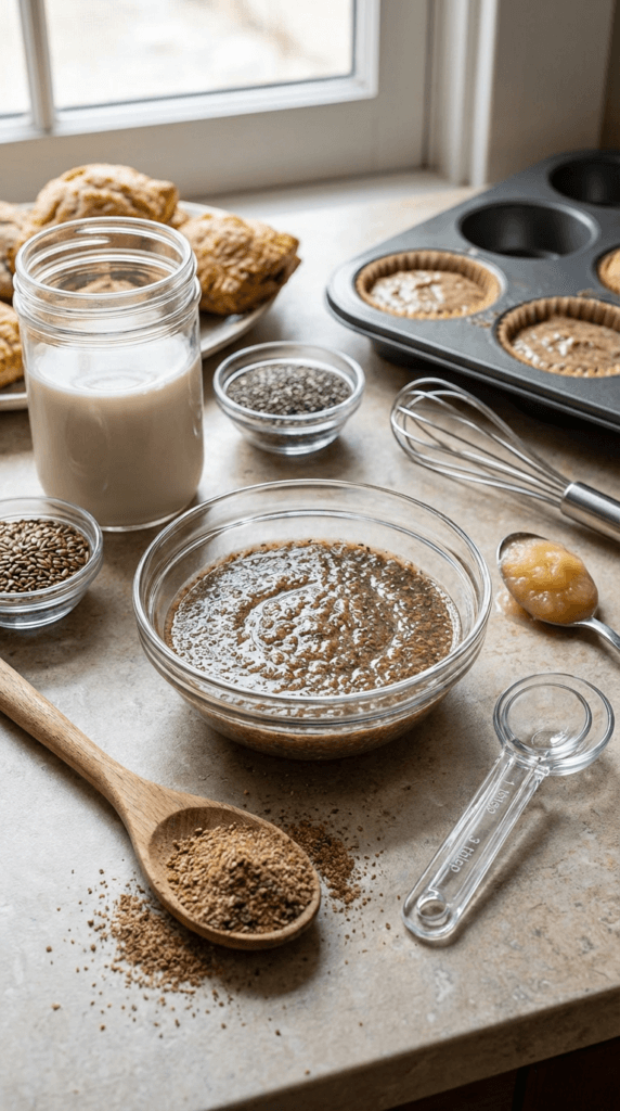 Flaxseed Baking Prep: Rustic glass bowl of creamy mix, fresh applesauce, chia—quick egg substitute for fluffy vegan muffins. Save this idea so you can come back to it later.