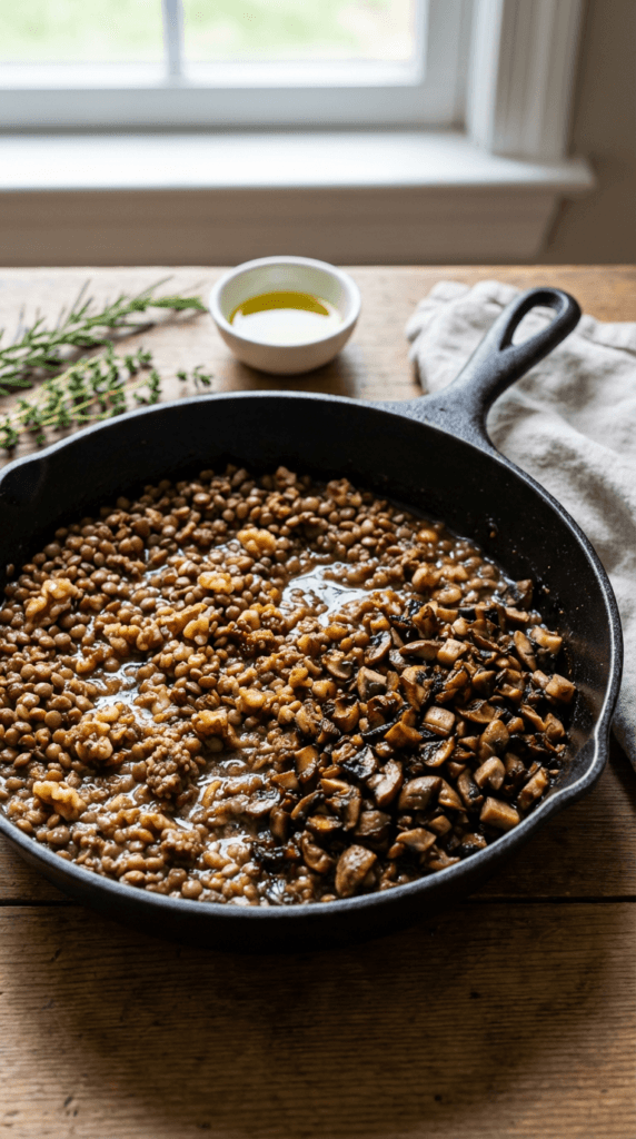 Cozy Plant-Based Skillet: Hearty, aromatic mushrooms, lentils & chickpeas shimmer in sunlight—ideal for weeknight wellness. Save this idea so you can come back to it later.