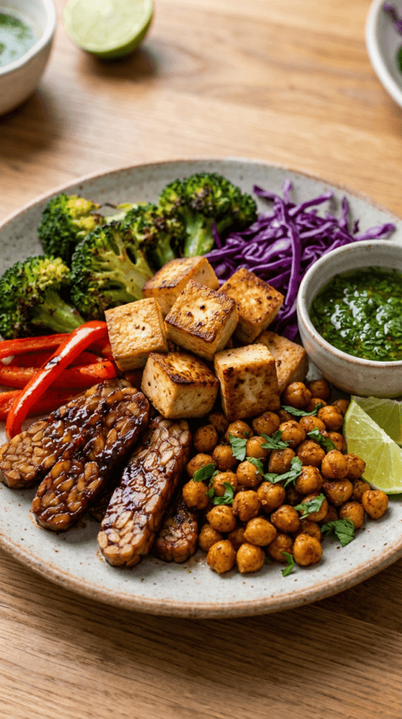 Vibrant Vegan Buddha Bowl: Colorful, nourishing tofu and tempeh, tangy lime, chickpeas—perfect for meal prep. Save this idea so you can come back to it later.