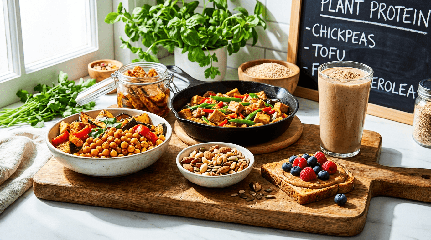 High-Protein Vegan Feast: Colorful, fresh bowls of chickpeas and tofu with nutty toast—great for meal prepping. Save this idea so you can come back to it later.