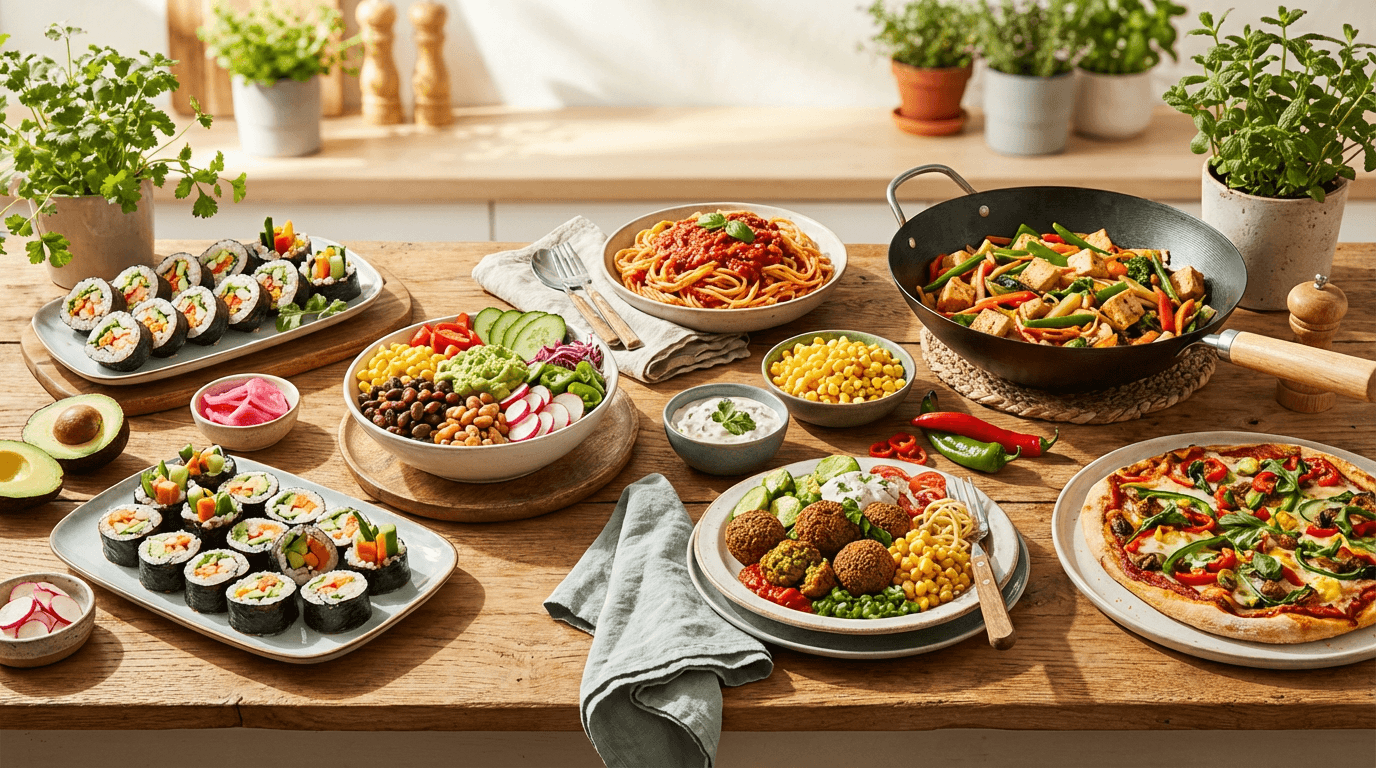 Vegan Feast Table: Vibrant, wholesome, and inviting—fresh sushi rolls, pizza, salads, and herbs. Ideal for healthy meal sharing. Save this idea so you can come back to it later.
