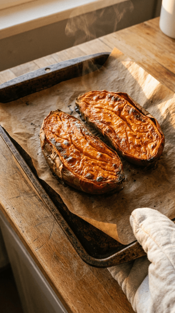 Sweet Potato Brunch: Warm, caramelized vegan halves on rustic parchment—perfect for cozy mornings. Save this idea so you can come back to it later.