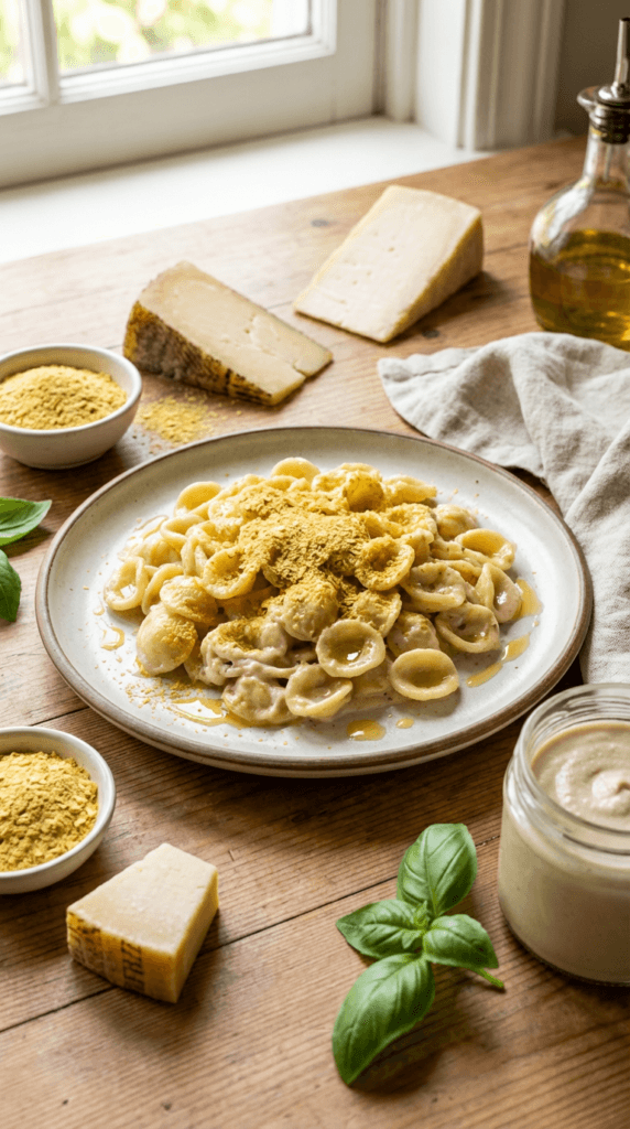 Creamy Orecchiette Delight: Lush pasta, golden nutritional yeast, rustic wood table—easy weeknight comfort. Save this idea so you can come back to it later.