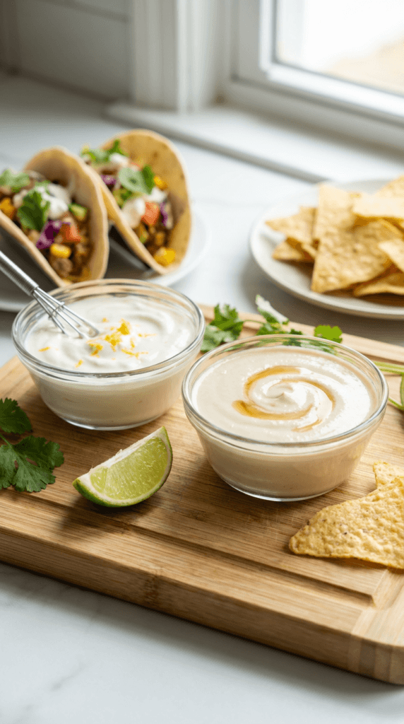 Fiesta Dip Duo: Smooth, zesty dips in glass bowls with fresh lime and crispy chips, perfect for lively get-togethers. Easy plant-based ingredient swaps for flexitarian meal prep. Save this idea so you can come back to it later.