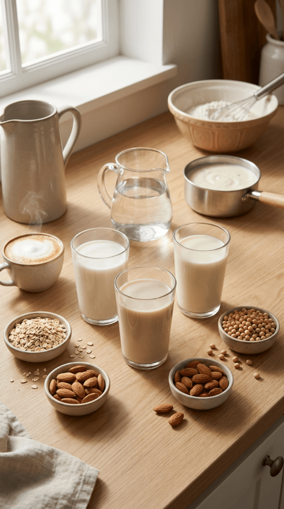 Plant-Based Milk Brunch: Creamy, wholesome milks with almonds, soybeans, oats—nutritious and dairy-free. Save this idea so you can come back to it later.