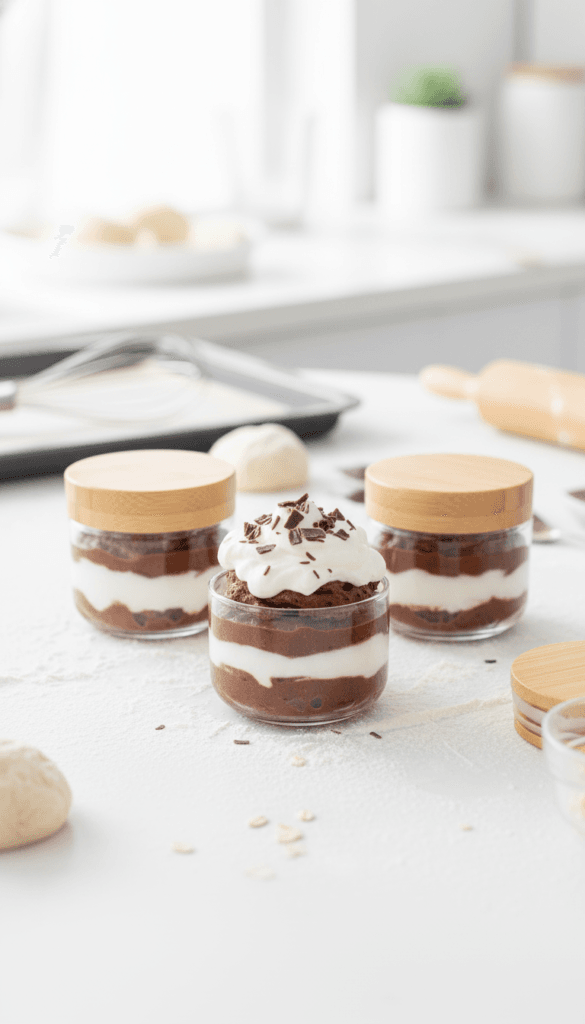 Chocolate Dream Jars: Indulgent, creamy desserts in glass jars, sprinkled with rich shavings—ideal for effortless entertaining. Save this idea so you can come back to it later.