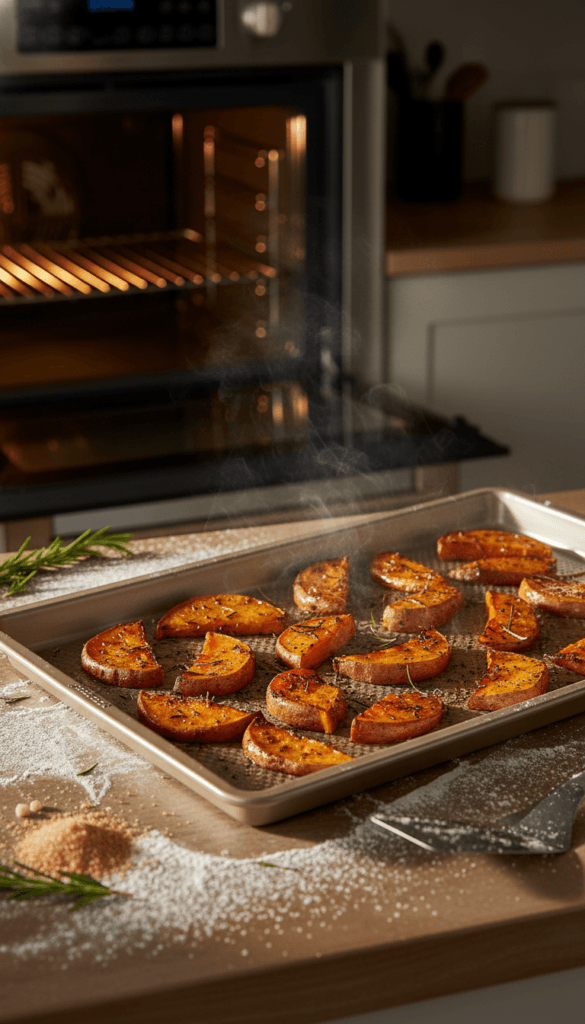 Vegan Sweet Potato Bake: Steamy, golden sweet potatoes with fresh herbs on a floured counter—perfect for cozy mornings. Save this idea so you can come back to it later.