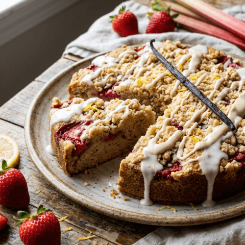 Strawberry Rhubarb Cake Delight: Moist, crumbly cake with zesty lemon and rich vanilla. Perfect for summer gatherings. Save this idea so you can come back to it later.