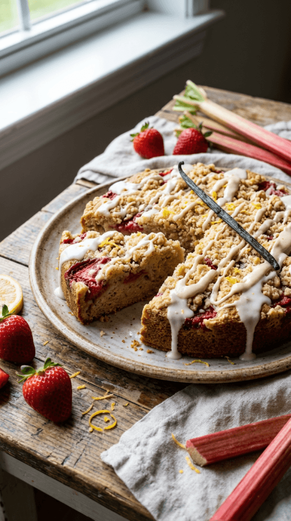 Strawberry Rhubarb Cake Delight: Moist, crumbly cake with zesty lemon and rich vanilla. Perfect for summer gatherings. Save this idea so you can come back to it later.