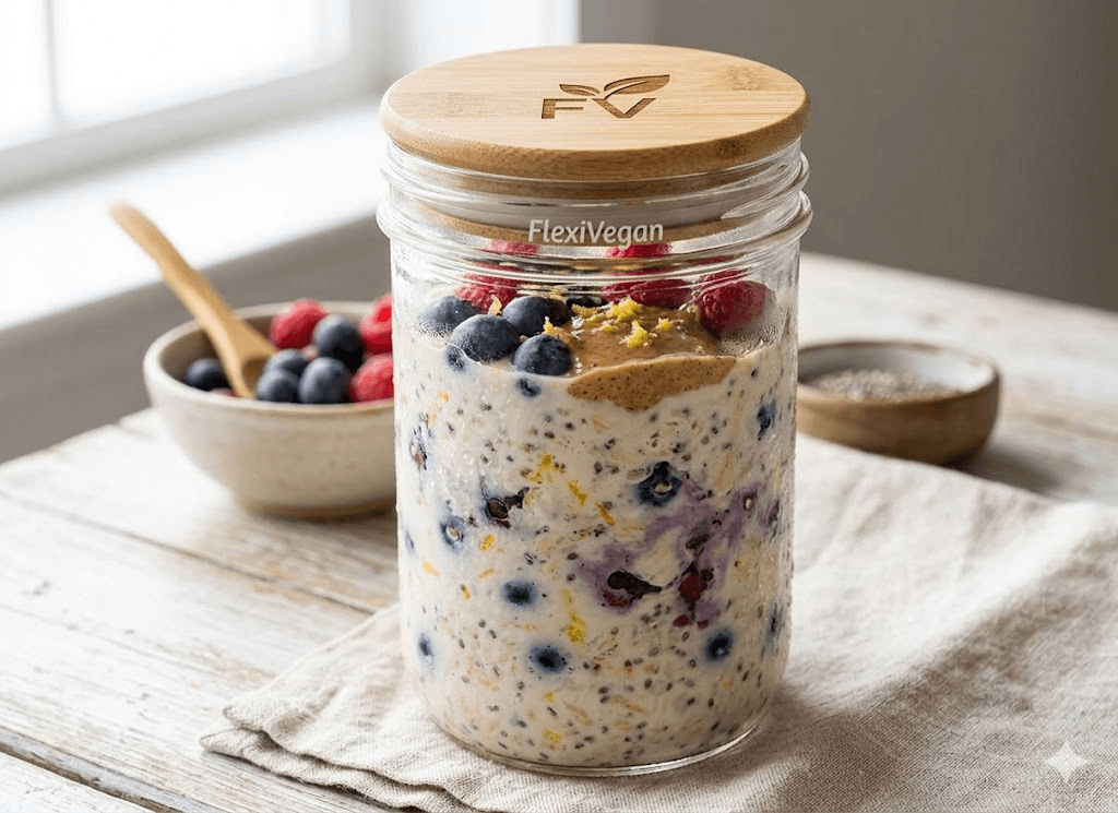 Lemon Blueberry Overnight Oats: Creamy, chilled oats in a bamboo-lidded jar with fresh berries—perfect for easy meal prep. Save this idea so you can come back to it later.