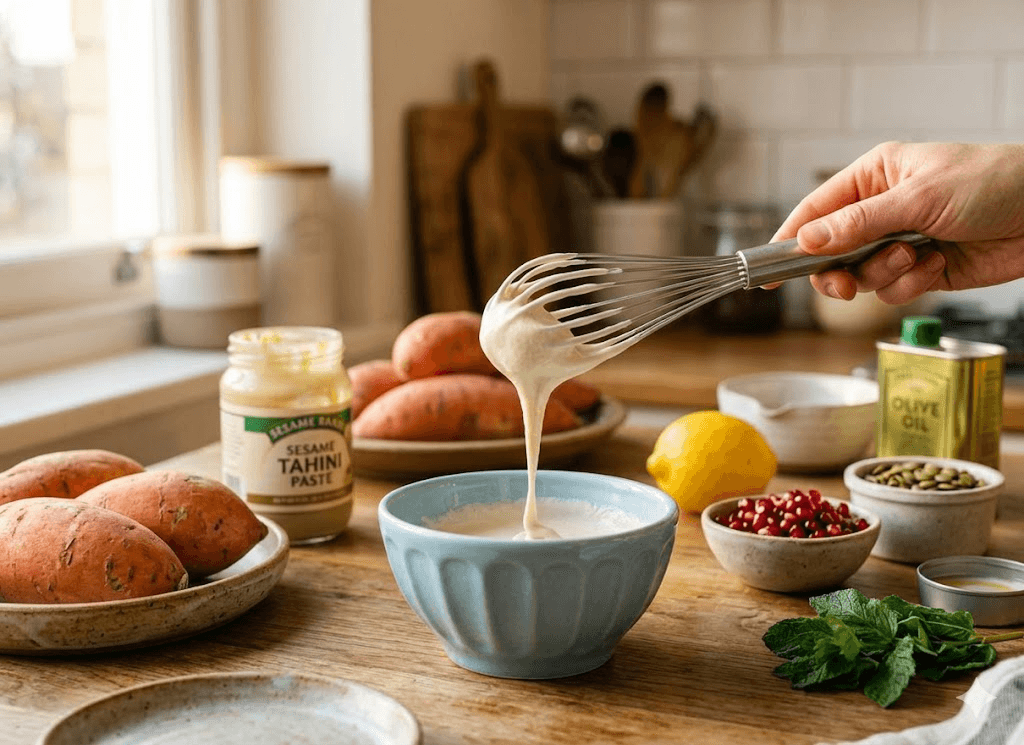 Sunlit Vegan Breakfast Prep: Creamy tahini sauce swirls in a blue bowl with vibrant toppings—easy, fresh mornings. Save this idea so you can come back to it later.