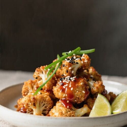 Final dish presentation: Beautifully plated vegan Crispy Baked Cauliflower Bites with Sticky Sweet Chili Glaze