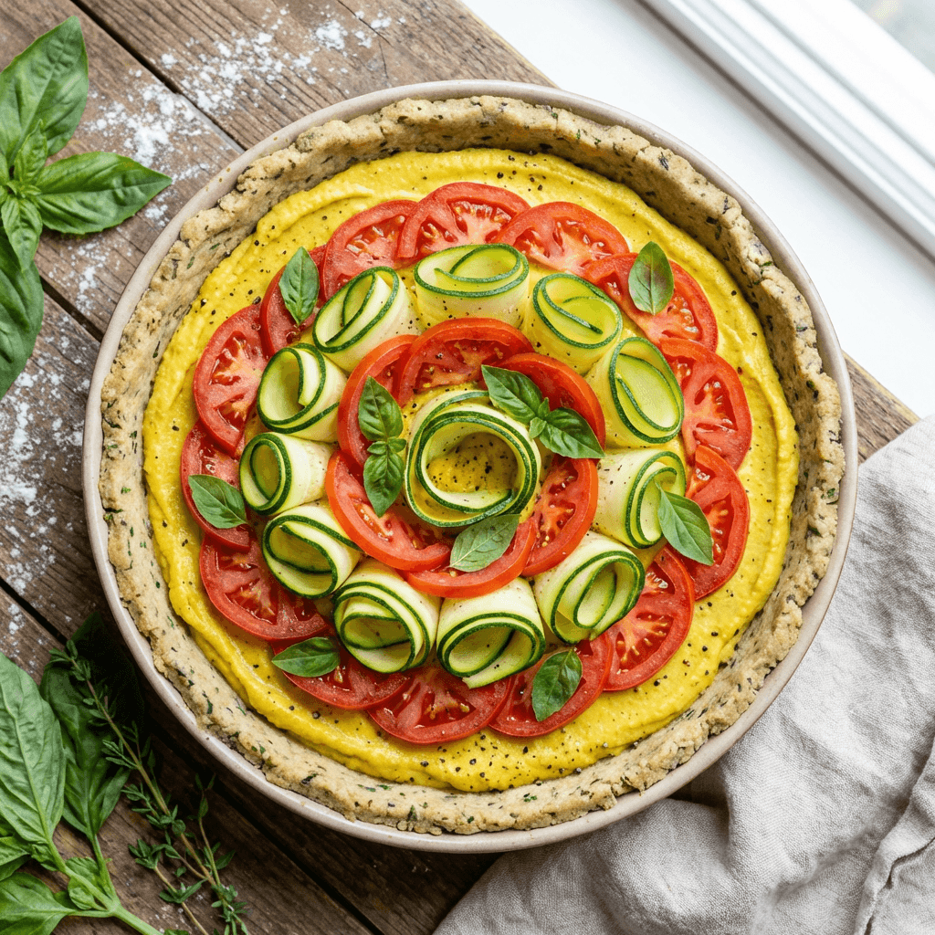 Vegan Tofu Quiche: Vibrant tofu quiche with juicy tomatoes, zucchini, basil; rustic table vibe. Great for gatherings. Save this idea so you can come back to it later.