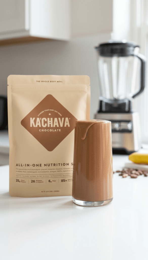 Chocolate Wellness Shake: Creamy, energizing smoothie in a chic glass with cacao bits—ideal for busy mornings. Save this idea so you can come back to it later.