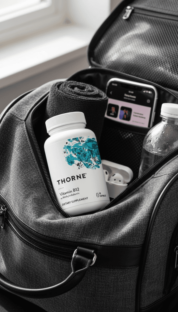 Vegan Gym Essentials: Sleek gray bag, Thorne B12, chilled water bottle—kickstart your energy for active plant-based living. Save this idea so you can come back to it later.