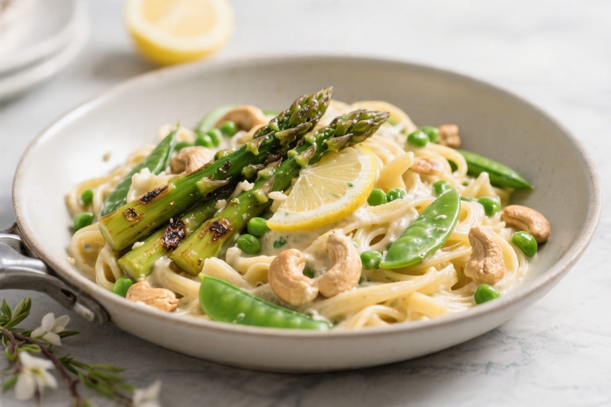 Spring Veggie Pasta Delight: Vibrant, creamy pasta with crisp greens, citrus zest, and cashews—brings freshness to your table. Save this idea so you can come back to it later.