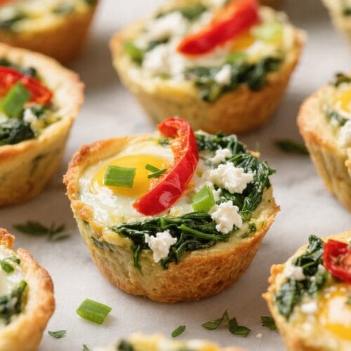 Brunch-Ready Mini Quiches: Flaky, golden bites with spinach, feta, peppers & herbs—ideal for easy entertaining. Save this idea so you can come back to it later.