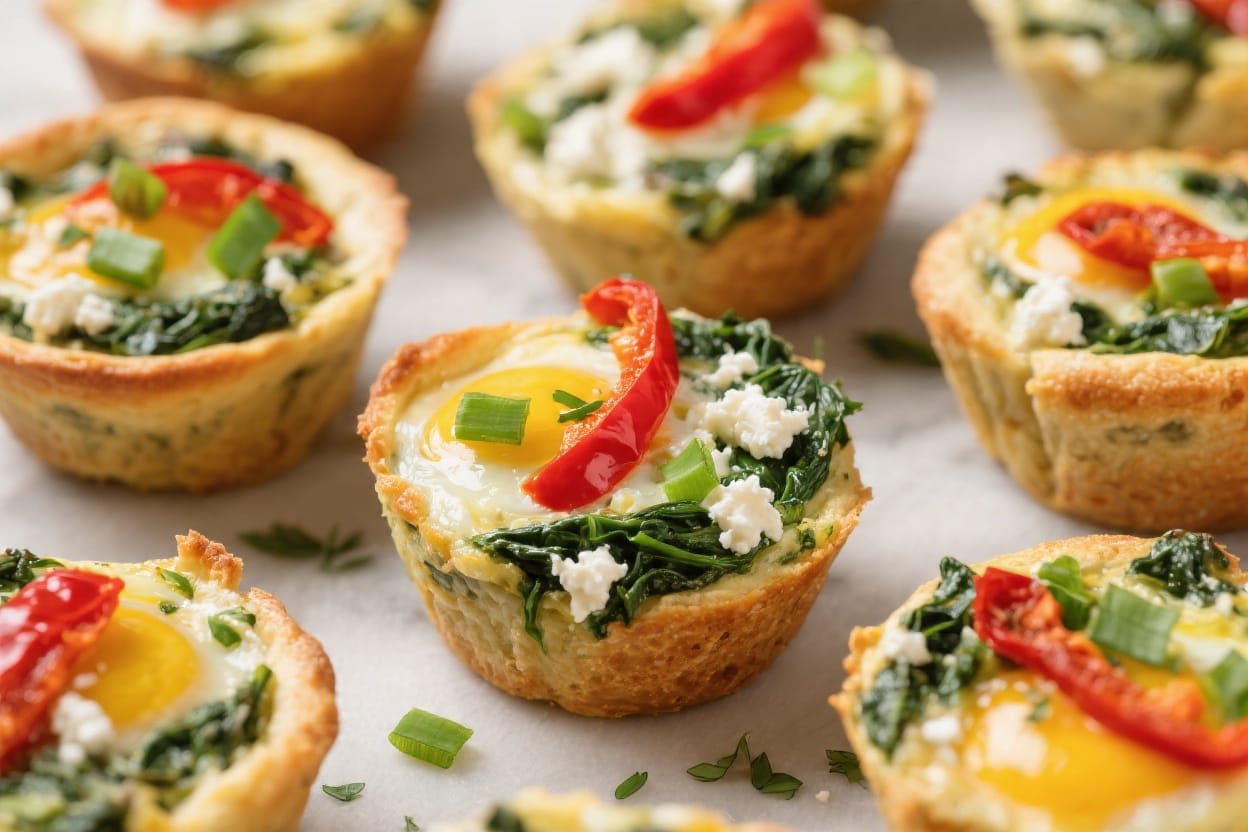 Brunch-Ready Mini Quiches: Flaky, golden bites with spinach, feta, peppers & herbs—ideal for easy entertaining. Save this idea so you can come back to it later.
