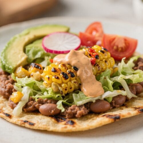 Loaded Classic Taco Plate: Vibrant, juicy tortilla with savory beans, grilled corn & avocado—ideal for weeknight meals. Save this idea so you can come back to it later.