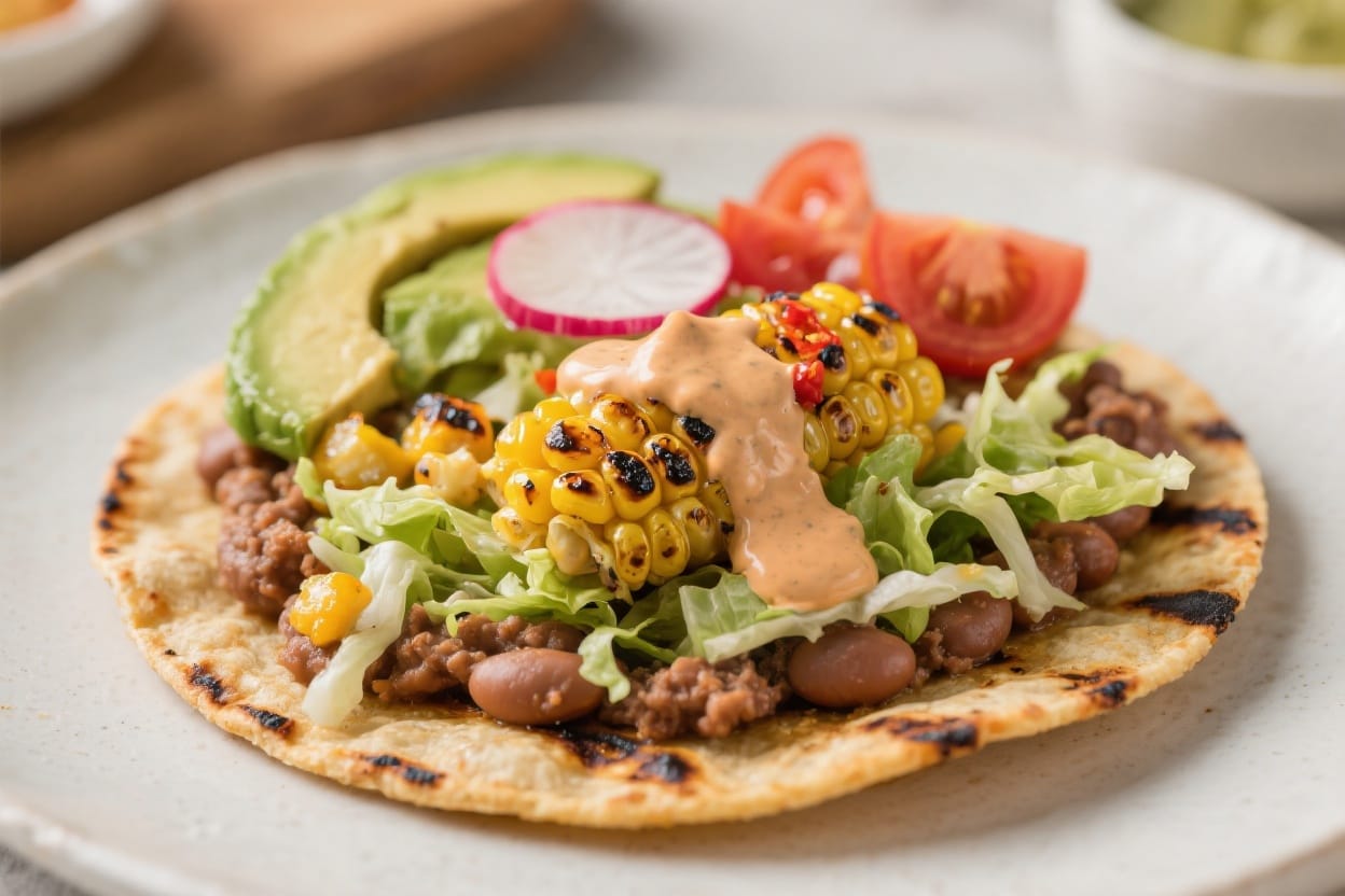 Loaded Classic Taco Plate: Vibrant, juicy tortilla with savory beans, grilled corn & avocado—ideal for weeknight meals. Save this idea so you can come back to it later.