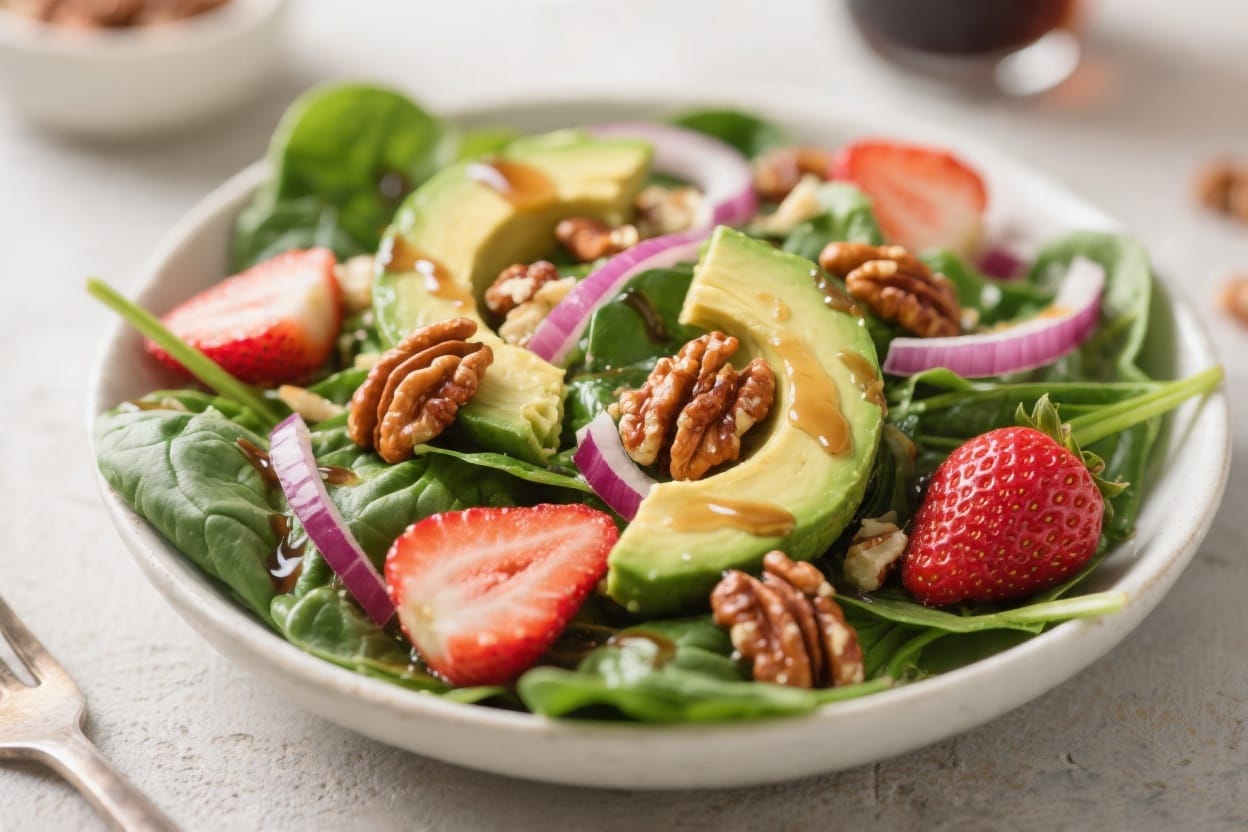 Fresh Strawberry Spinach Salad: Vibrant, nutrient-rich greens with creamy avocado, crunchy pecans—ideal for healthy lunches. Save this idea so you can come back to it later.