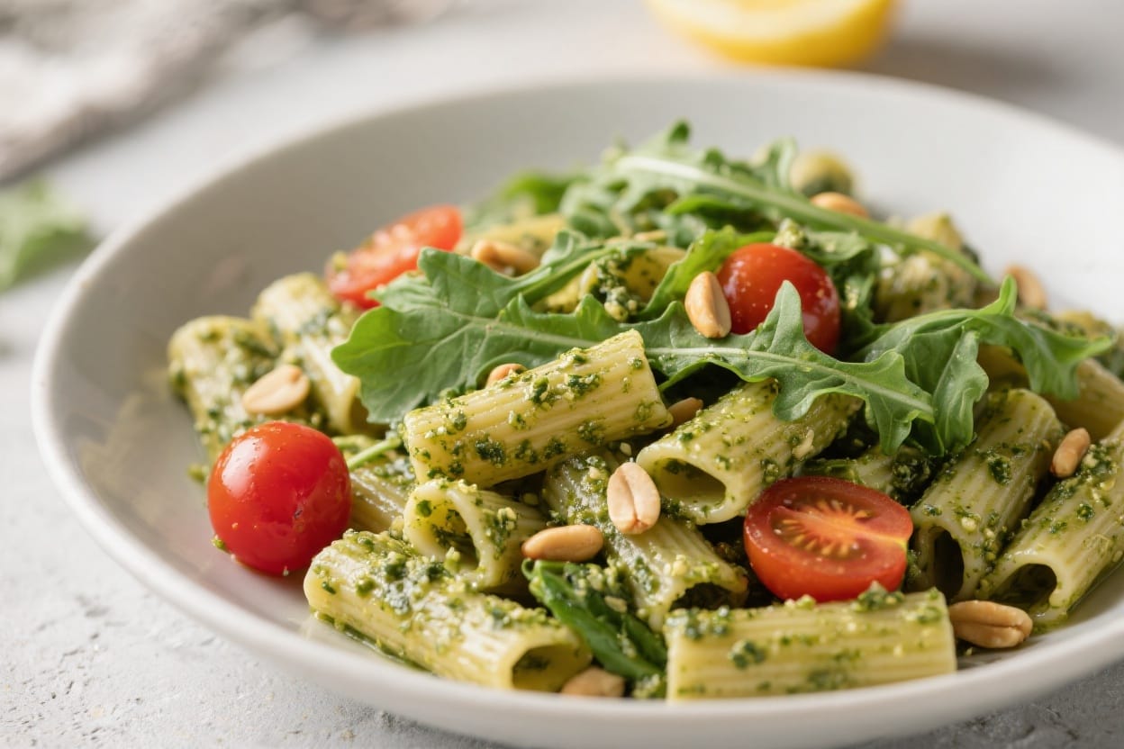 Pesto Pasta Power: Vibrant rigatoni in creamy green pesto with arugula, juicy tomato, crunchy pine nuts—quick weeknight dinner. Save this idea so you can come back to it later.