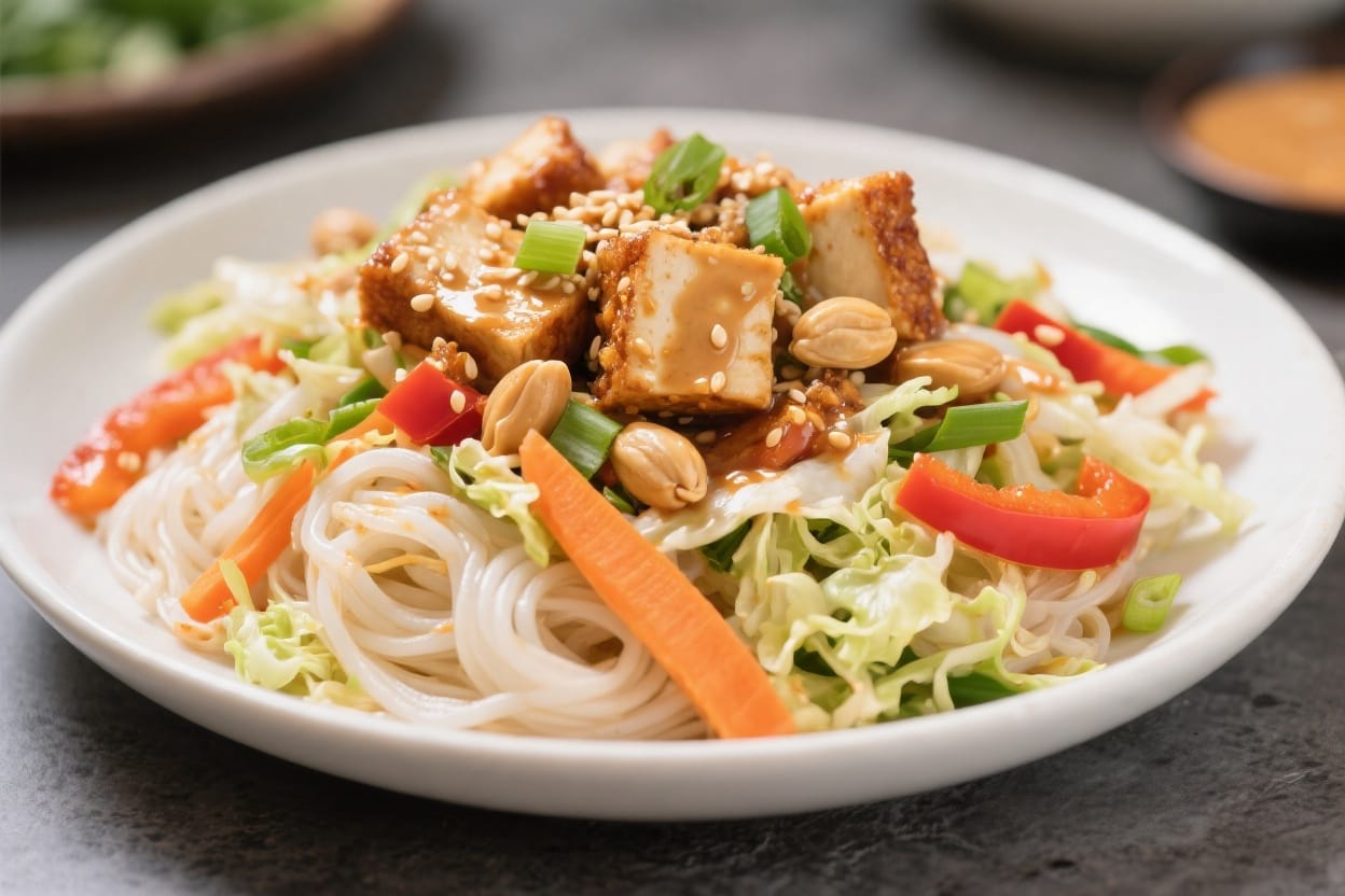 Vibrant Vegan Noodle Bowl: Fresh rice noodles, crunchy veggies, tofu & peanuts for a healthy lunch. Save this idea so you can come back to it later.
