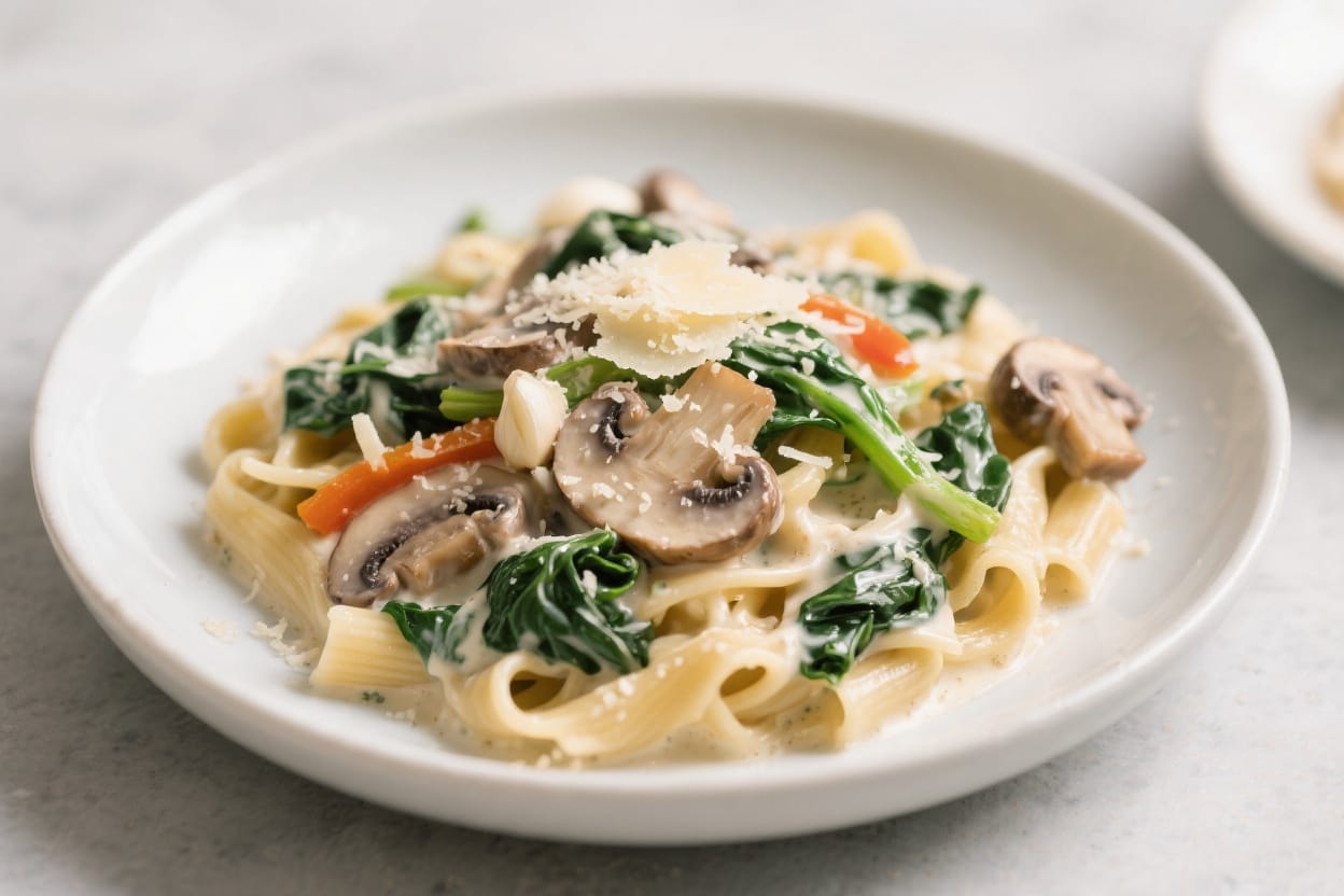 Gourmet Creamy Pasta: Indulgent, fresh noodles with sautéed mushrooms, spinach, peppers & parmesan—ideal for cozy dinners. Save this idea so you can come back to it later.