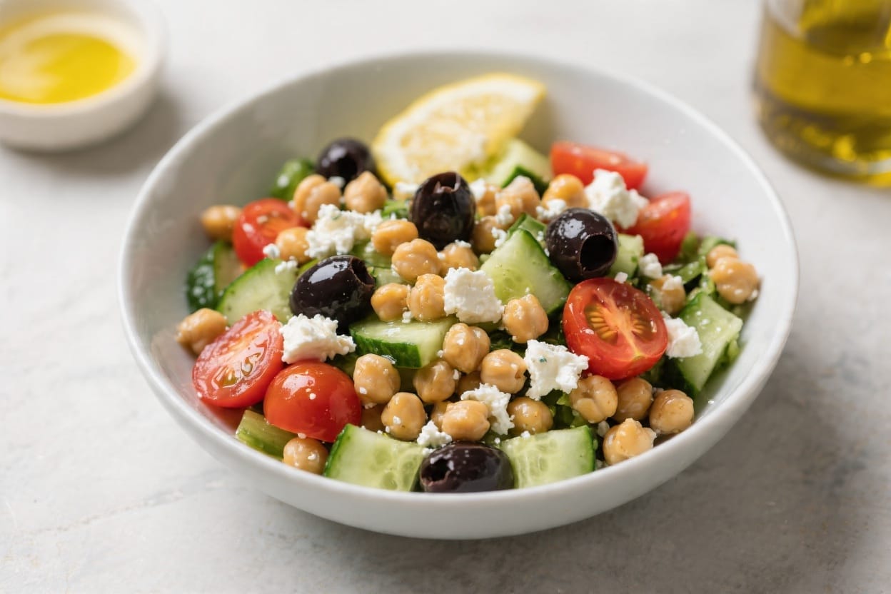 Mediterranean Power Salad: Fresh, zesty chickpea & feta bowl with juicy tomatoes, olives—an energizing lunch. Save this idea so you can come back to it later.