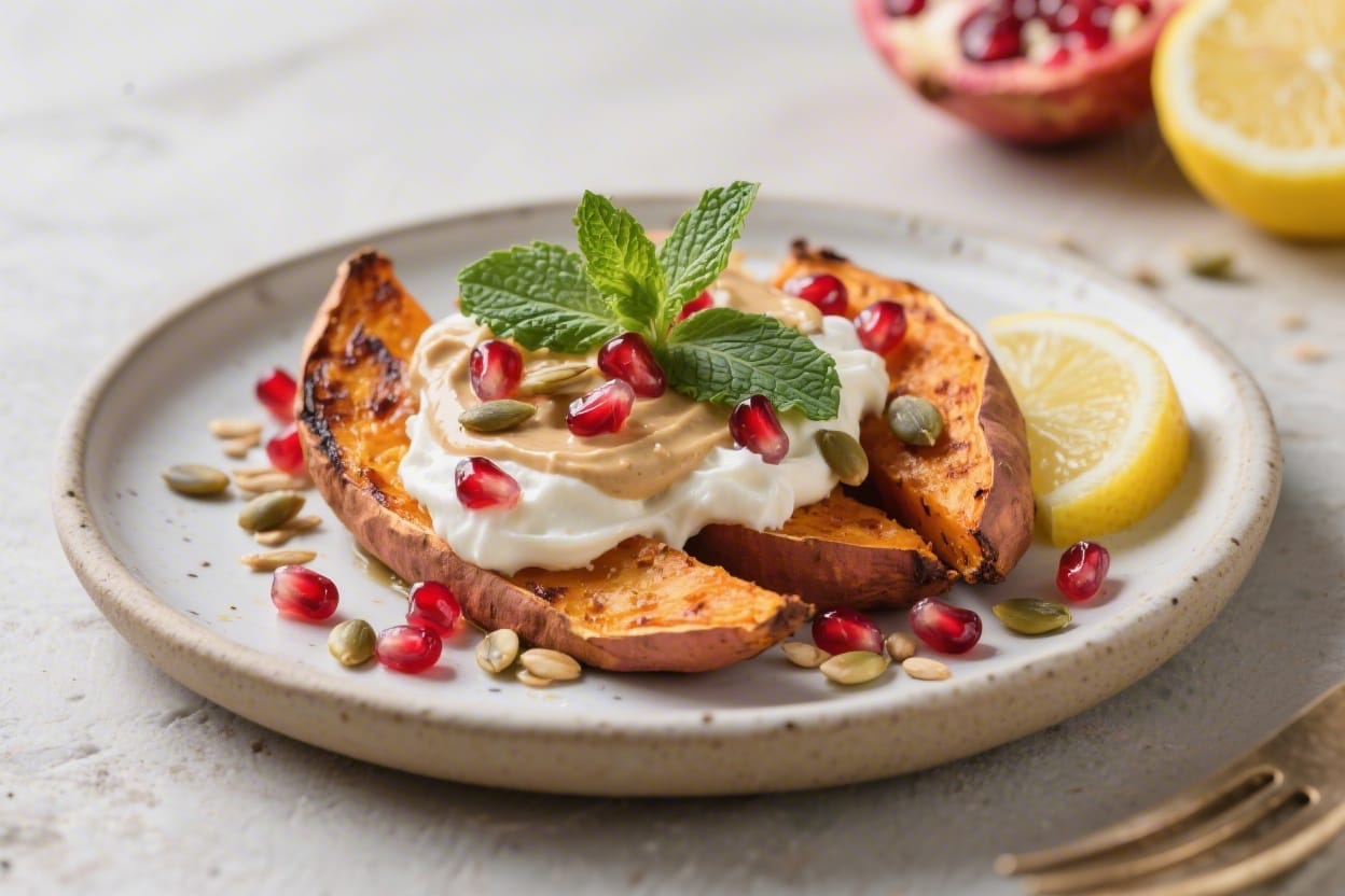 Vegan Power Breakfast: Warm, creamy sweet potatoes with yogurt, nut butter & pomegranate for energy. Save this idea so you can come back to it later.