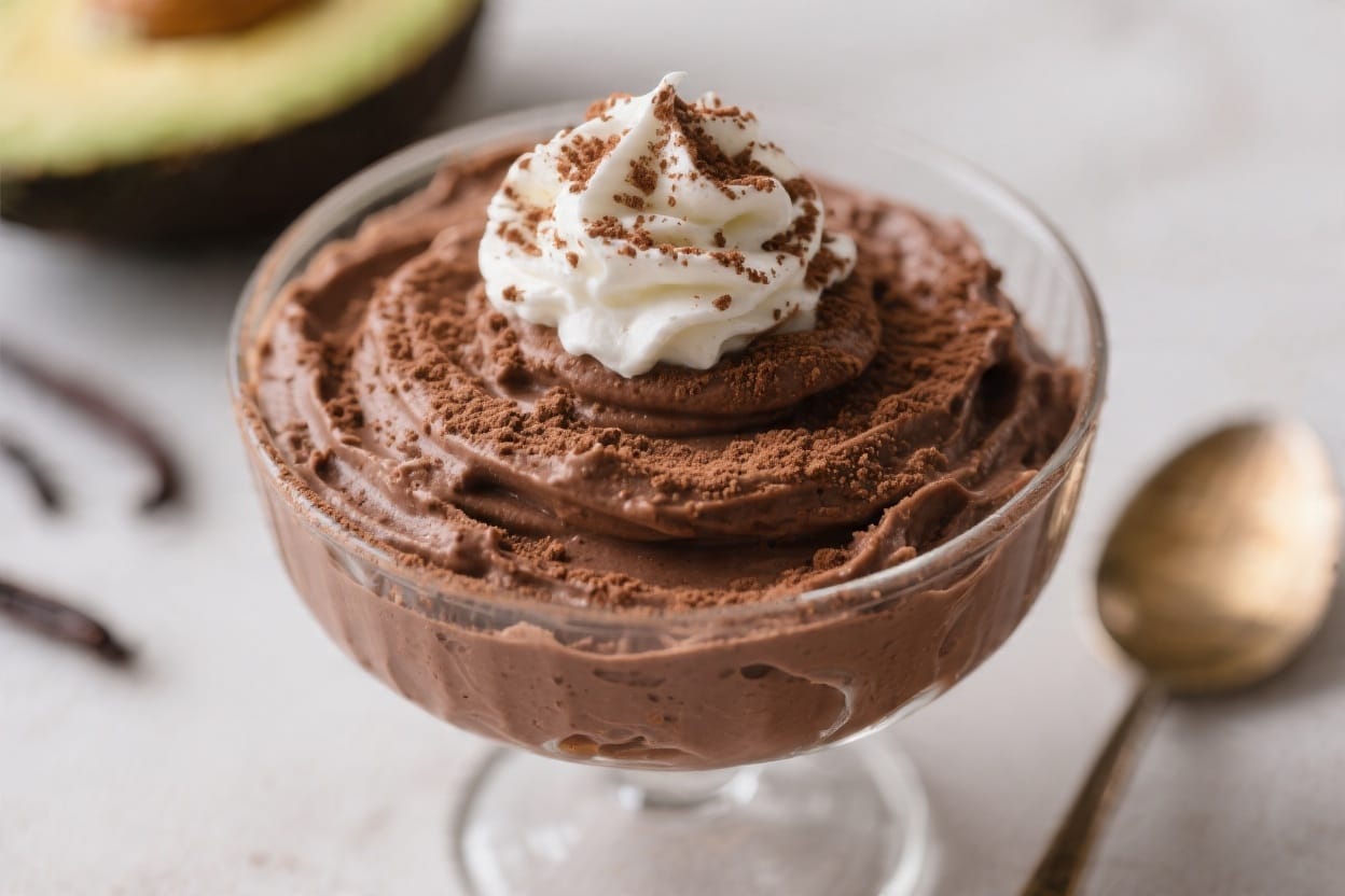 Vegan Chocolate Mousse: Silky, rich mousse in a clear dish with whipped cream and chocolate shavings—indulgent, dairy-free treat perfect for plant-based cravings. Save this idea so you can come back to it later.