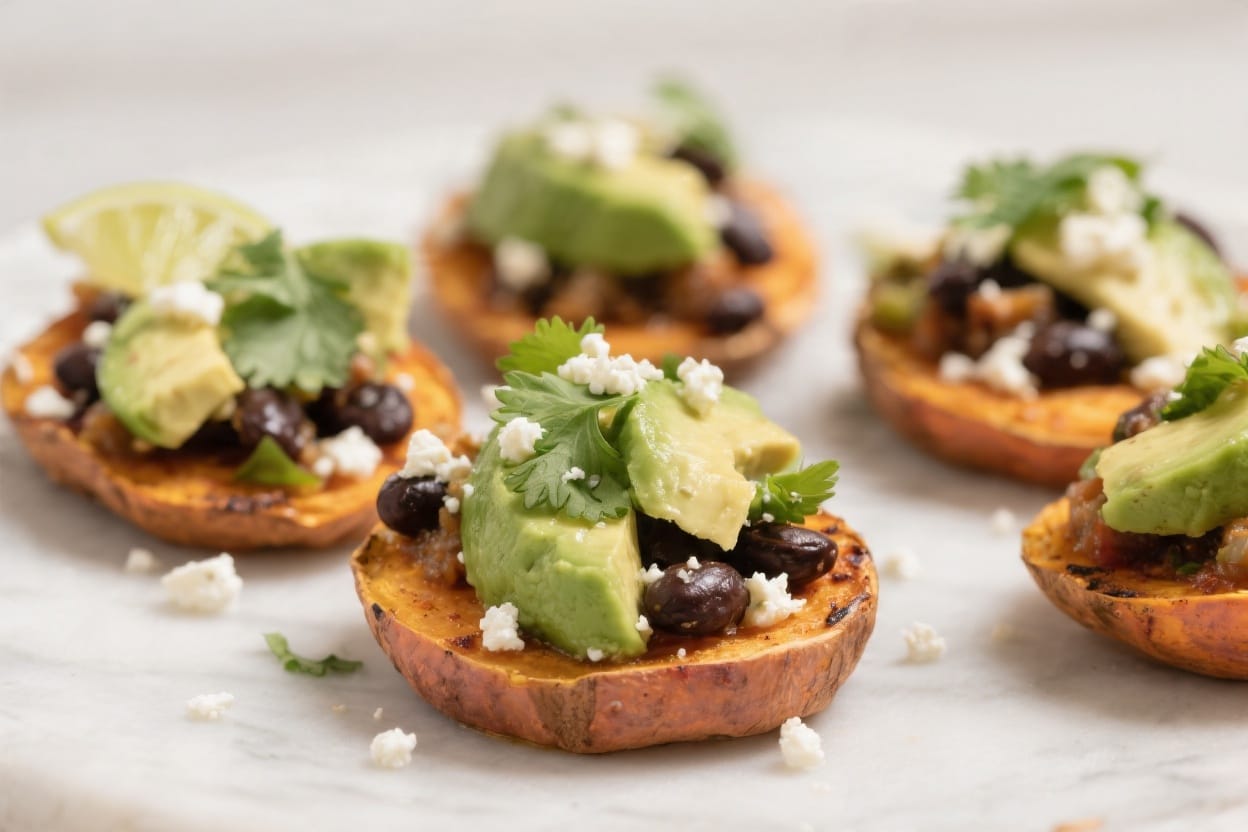 Loaded Sweet Potato Bites: Fresh, vibrant sweet potatoes with creamy avo, tangy cheese—great for healthy meal prep. Save this idea so you can come back to it later.