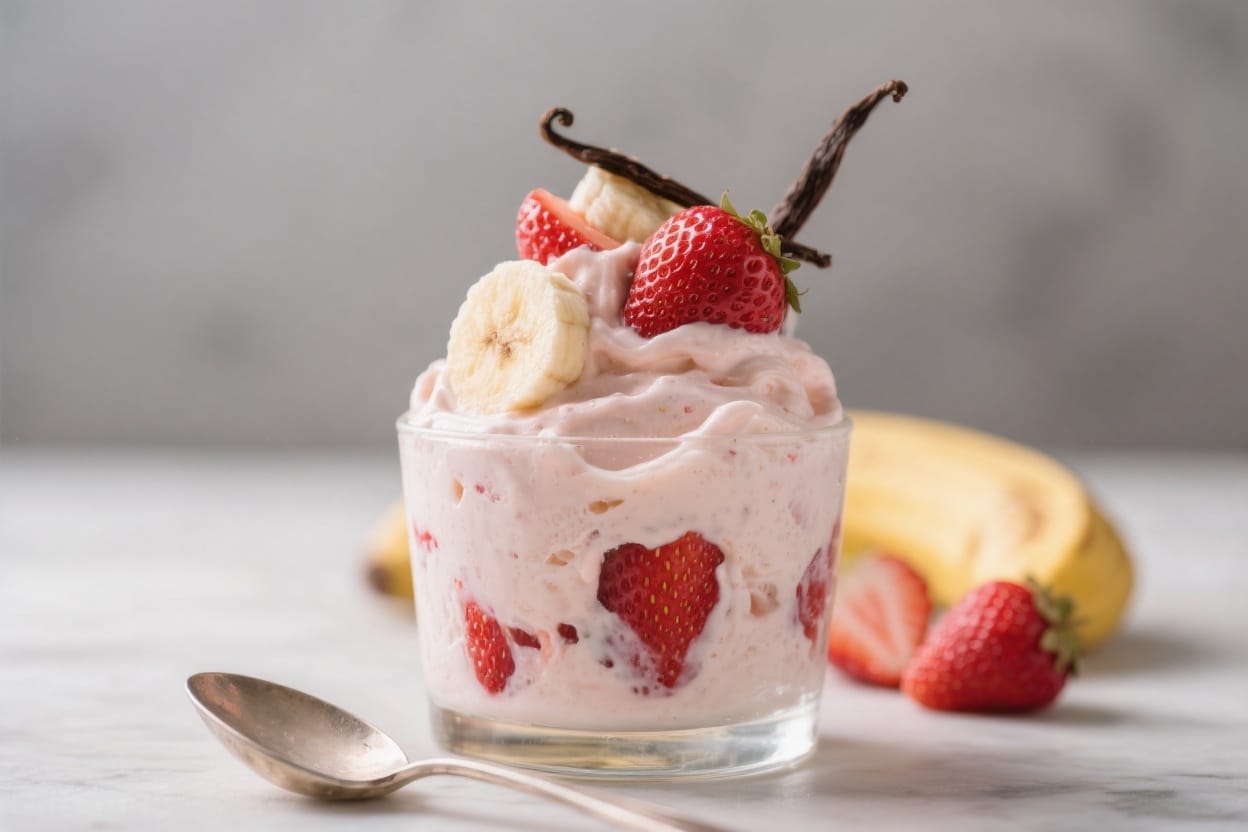 Strawberry-Banana Yogurt Parfait: Lush, chilled treat with fresh slices, shiny spoon—energizing snack. Save this idea so you can come back to it later.