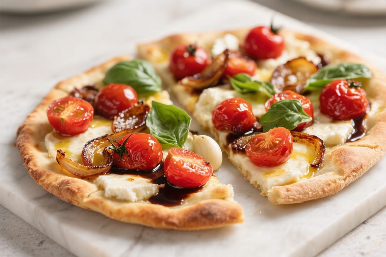 Flatbread Bliss: Rustic, aromatic pizza with bubbling mozzarella & sweet tomatoes—ideal for easy gourmet dinners. Save this idea so you can come back to it later.