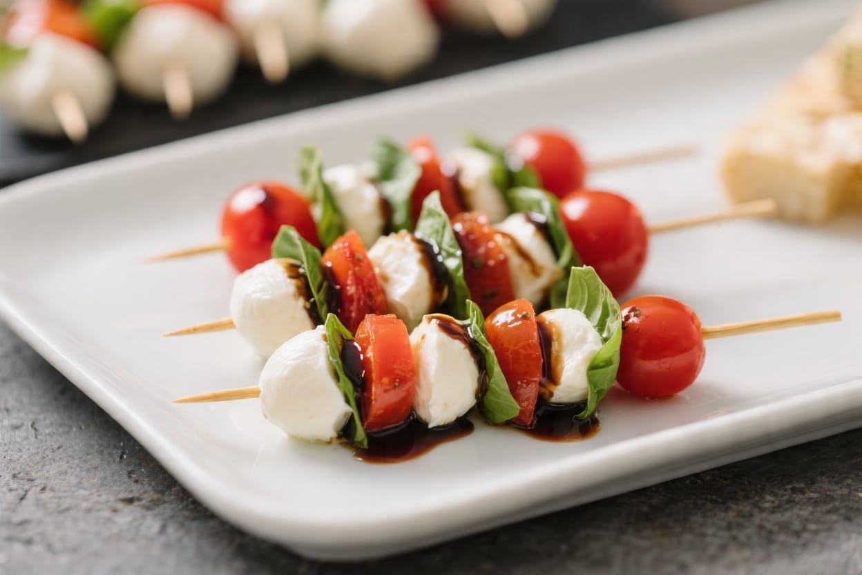 Caprese Skewers for Entertaining: Juicy tomatoes, creamy mozzarella, fresh basil & balsamic. Easy app for gatherings. Save this idea so you can come back to it later.
