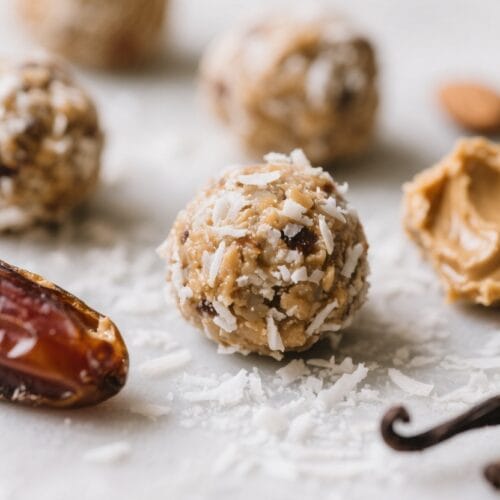 No-Bake Coconut Date Energy Bite Bliss: Indulgent, chewy energy ball with peanut butter & dates—ideal for healthy snacking.