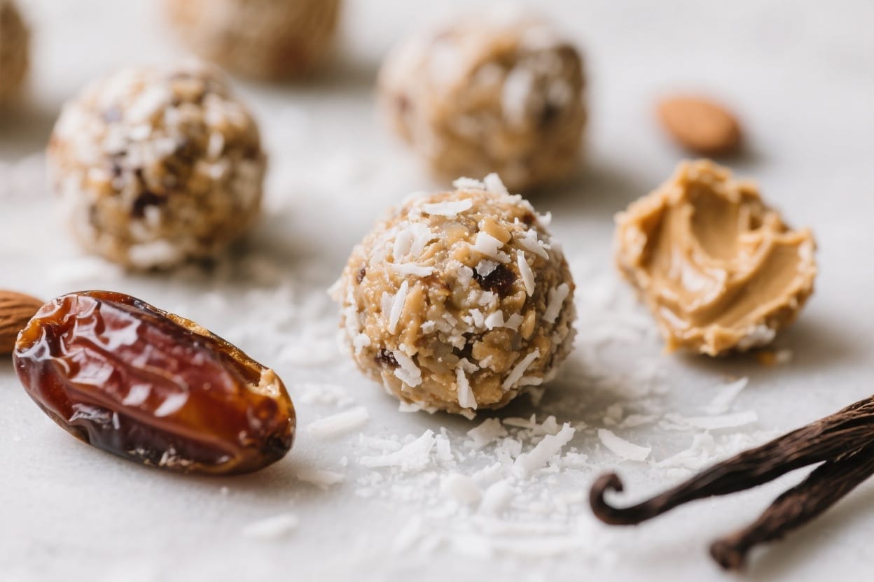 No-Bake Coconut Date Energy Bite Bliss: Indulgent, chewy energy ball with peanut butter & dates—ideal for healthy snacking.