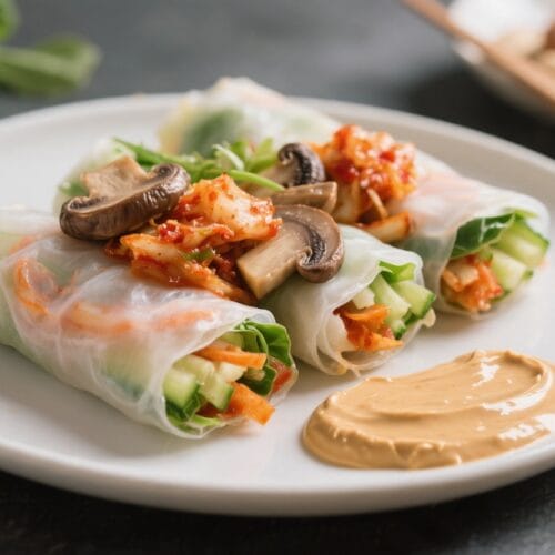 Fresh Vegan Spring Rolls: Crisp, colorful rolls with tangy kimchi and earthy mushrooms, plus creamy dip—perfect for healthy snacking. Save this idea so you can come back to it later.