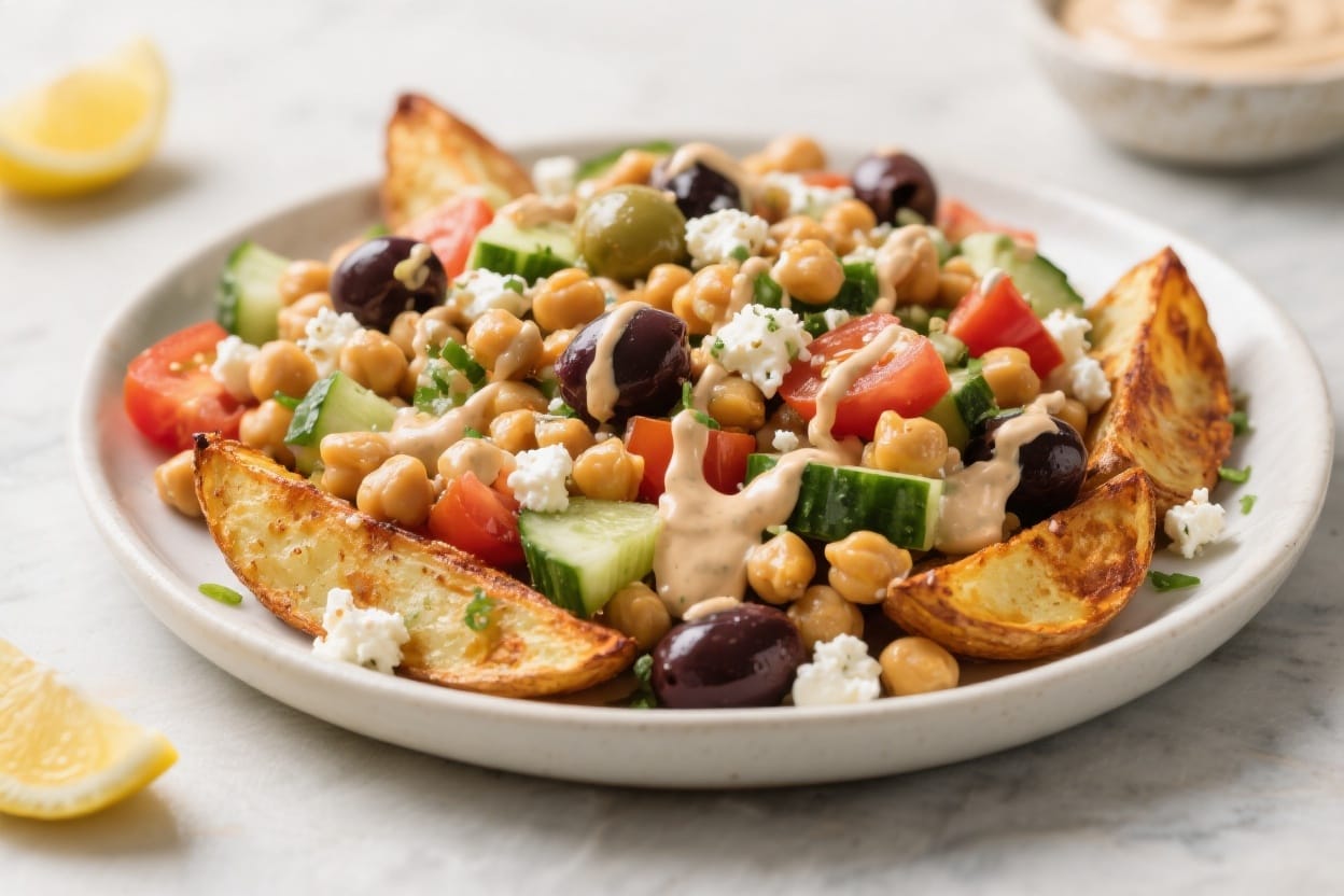 Mediterranean Power Bowl: Vibrant, wholesome plate with crispy potato wedges, juicy veggies, and tangy feta—great for meal prep. Save this idea so you can come back to it later.