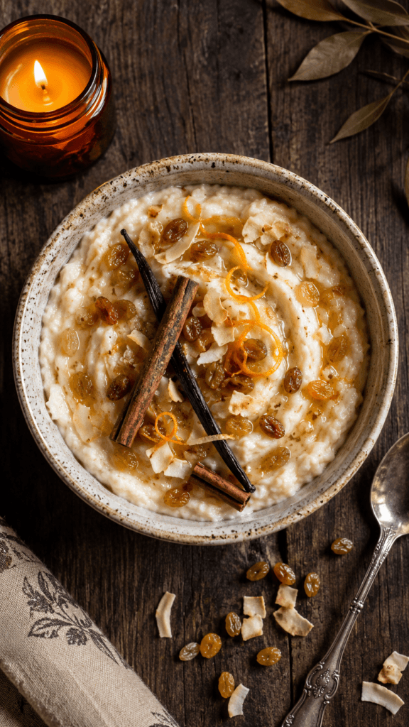 Rice Pudding Delight: Creamy, aromatic rice pudding with golden raisins and citrus zest—cozy treat for calm evenings. Save this idea so you can come back to it later.