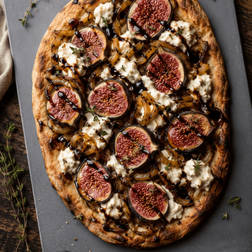 Fig & Caramelized Onion Flatbread: Savor warm, gourmet flatbread with creamy cheese and balsamic—ideal for cozy dinners. Save this idea so you can come back to it later.