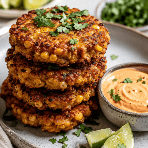 Overhead view of chickpea and corn patties arranged around a bowl of vegan chipotle aioli on a light countertop with sliced green onions and lime.