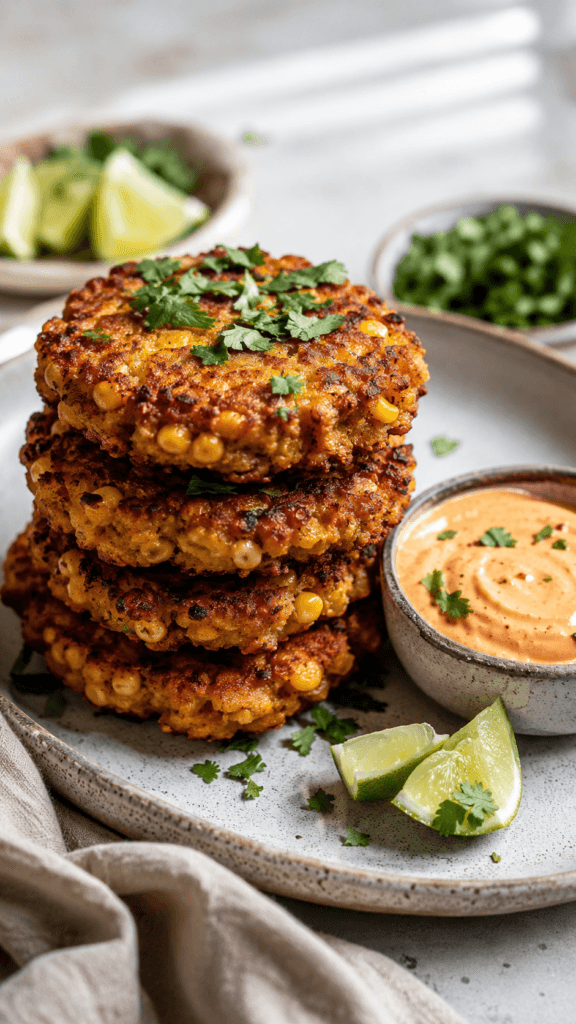 Overhead view of chickpea and corn patties arranged around a bowl of vegan chipotle aioli on a light countertop with sliced green onions and lime.