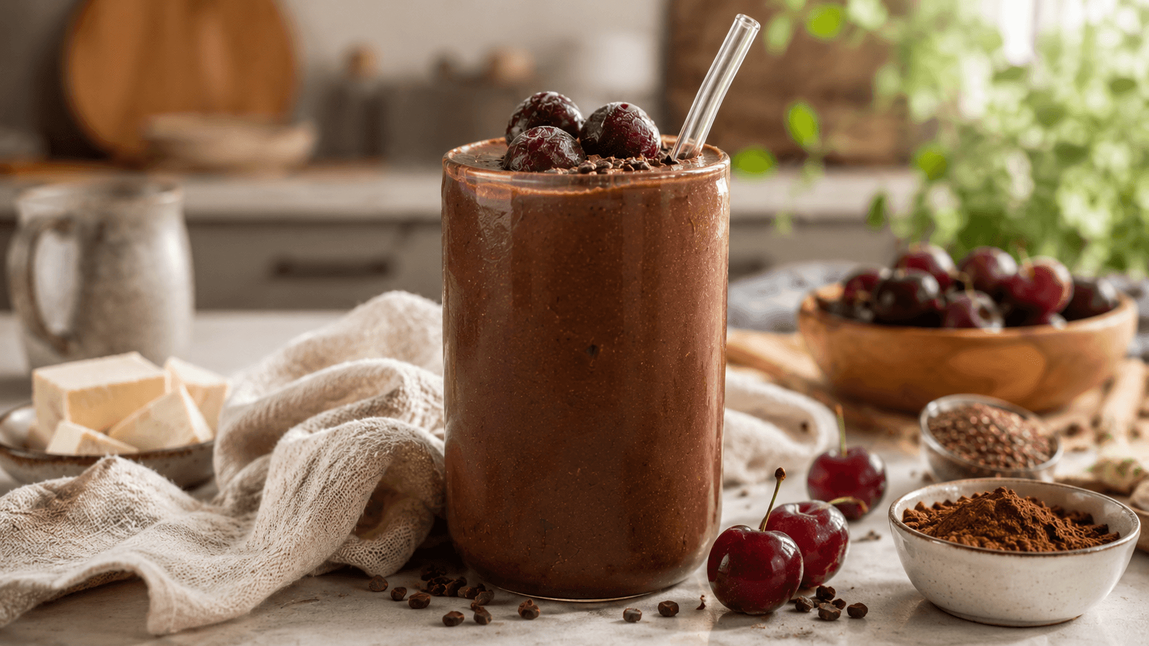Double Chocolate Cherry Smoothie: Indulgent, creamy treat with rich cocoa and juicy cherries—ideal for summer breakfasts. Save this idea so you can come back to it later.